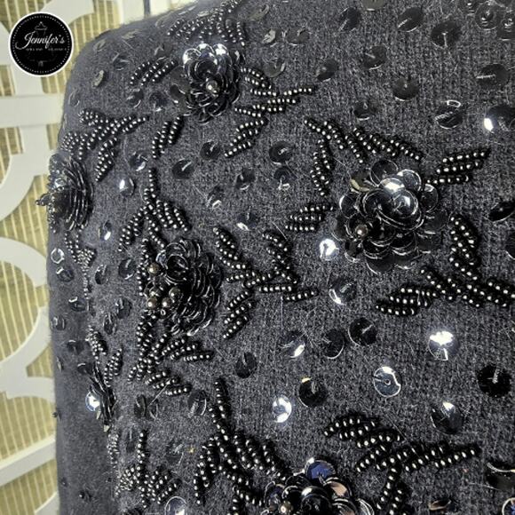 Cécile Bermuda Vintage Black Lambswool Angora Sequin Beaded Cardigan Size 12 - Picture 7 of 16